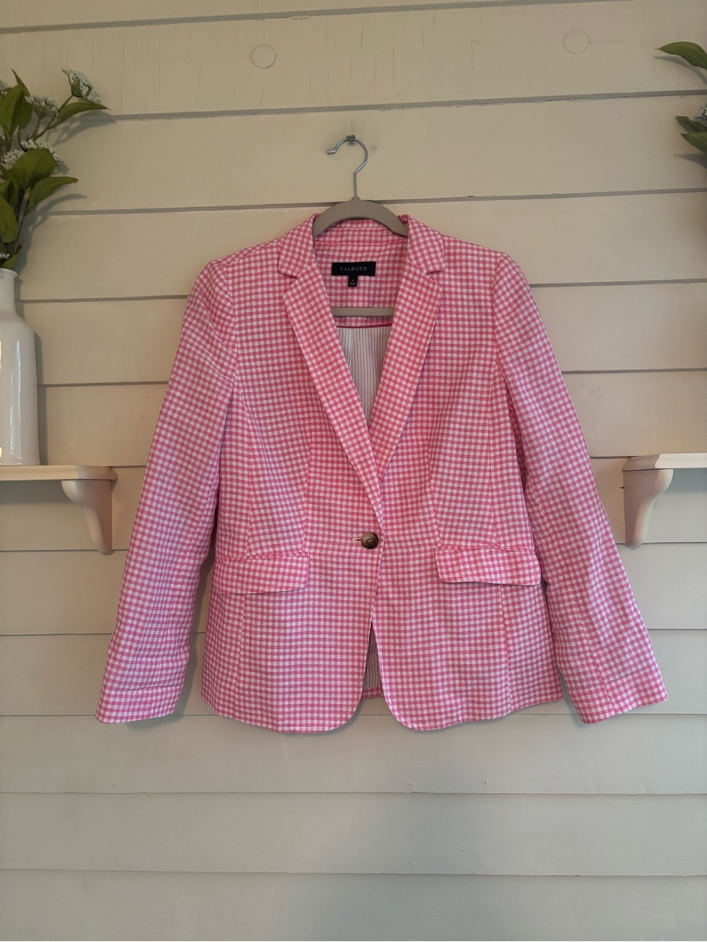 Talbots Pink Gingham Blazer Jacket Linen, Cotton Blend Women’s Size 4